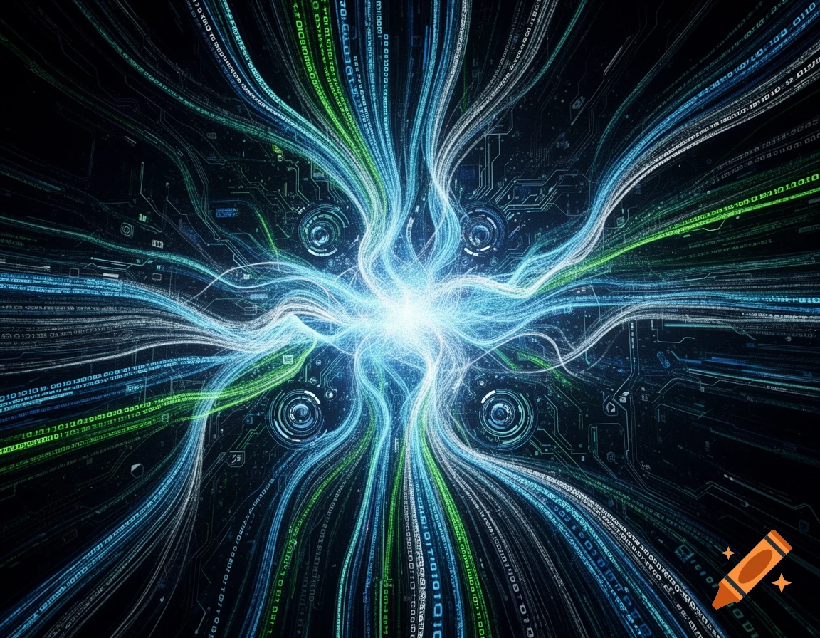 An abstract digital artwork showing a central bright light radiating blue and green data streams with binary code patterns against a dark circuit board background.