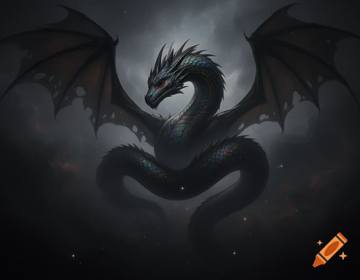 Dark, iridescent serpentine dragon with large leathery wings emerging from a cloudy, star-filled void.
