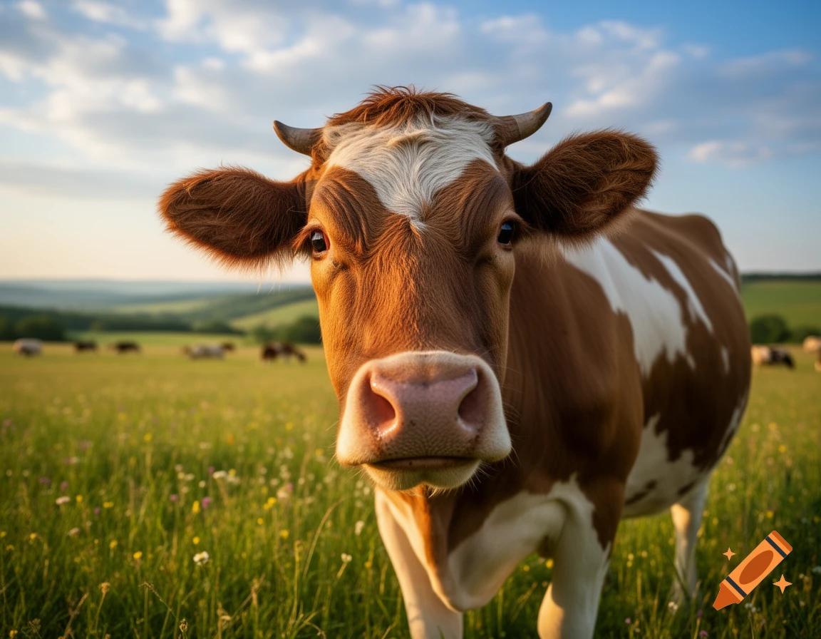 A close-up, photorealistic shot of a brown and white cow looking directly at the camera in a lush green field under a blue sky.