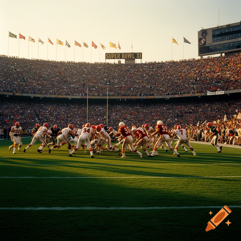 A wide shot of a football game in a packed stadium with a scoreboard reading Super Bowl XI under a clear sky.