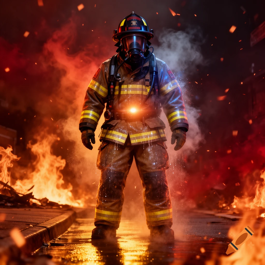 A firefighter in full protective gear and oxygen mask stands heroically surrounded by intense flames, smoke, and falling embers.