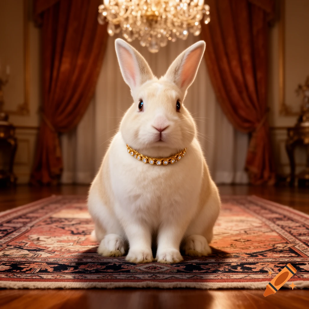 A white rabbit wearing a gold and diamond collar sits on an ornate rug in a luxurious room under a chandelier, photorealistic style.