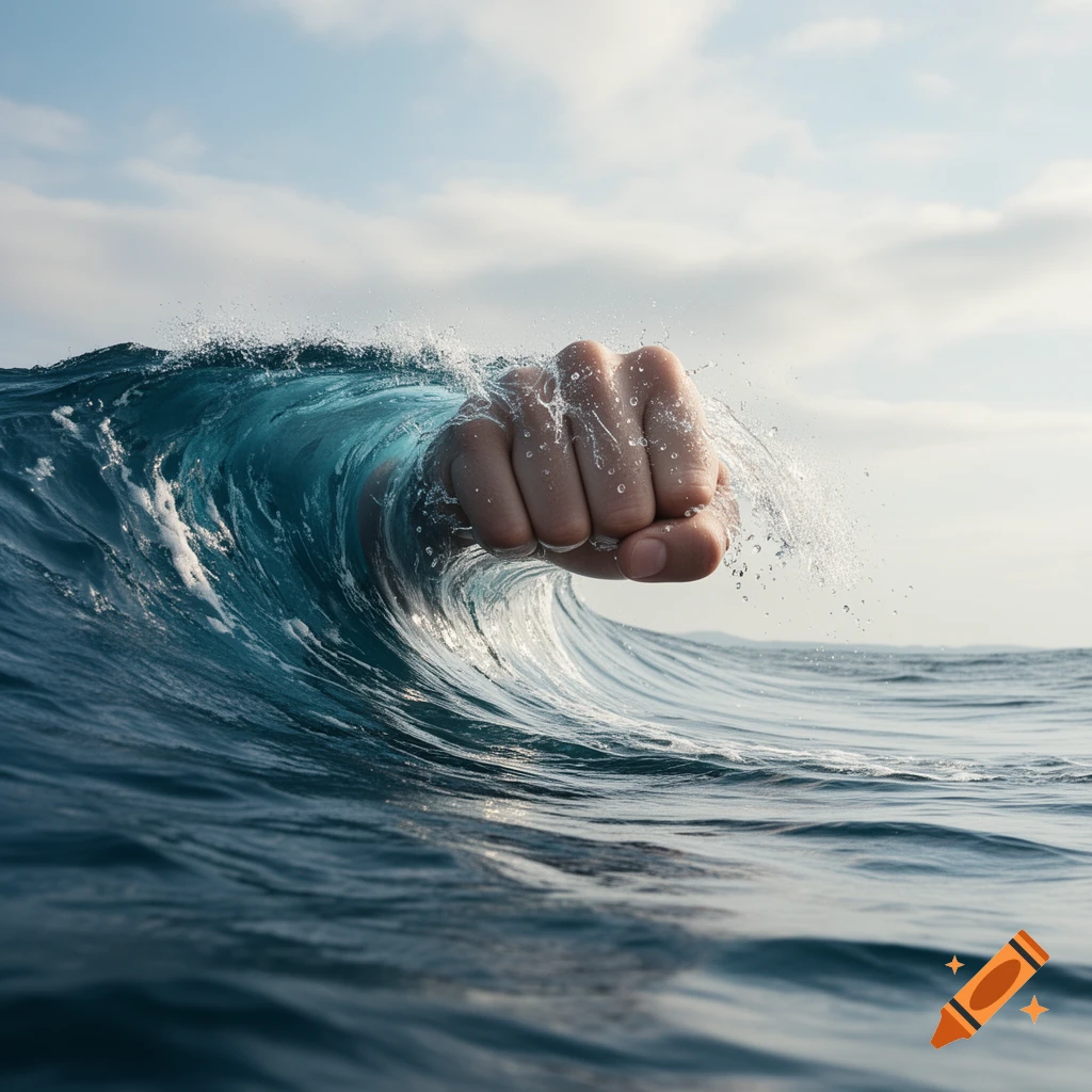 A photorealistic human fist forms the crest of a powerful, breaking ocean wave, with water splashing.