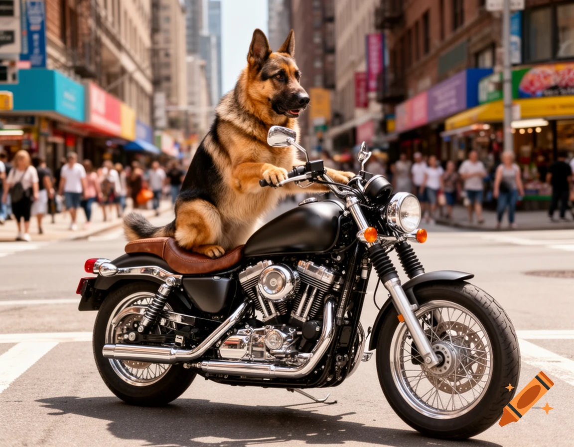 Photorealistic German Shepherd dog riding a black motorcycle on a busy city street.