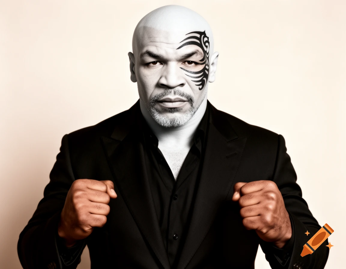 White-skinned Mike Tyson, bald with a tribal face tattoo, wearing a black suit and shirt, fists clenched, looking directly.
