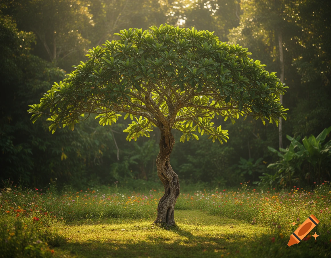 A solitary tree with a broad green canopy stands in a sunlit forest clearing, surrounded by a field of colorful wildflowers.