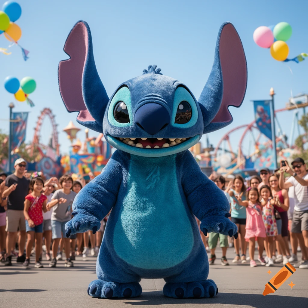 Stitch in a blue mascot costume smiles widely at a sunny theme park with balloons and a crowd.