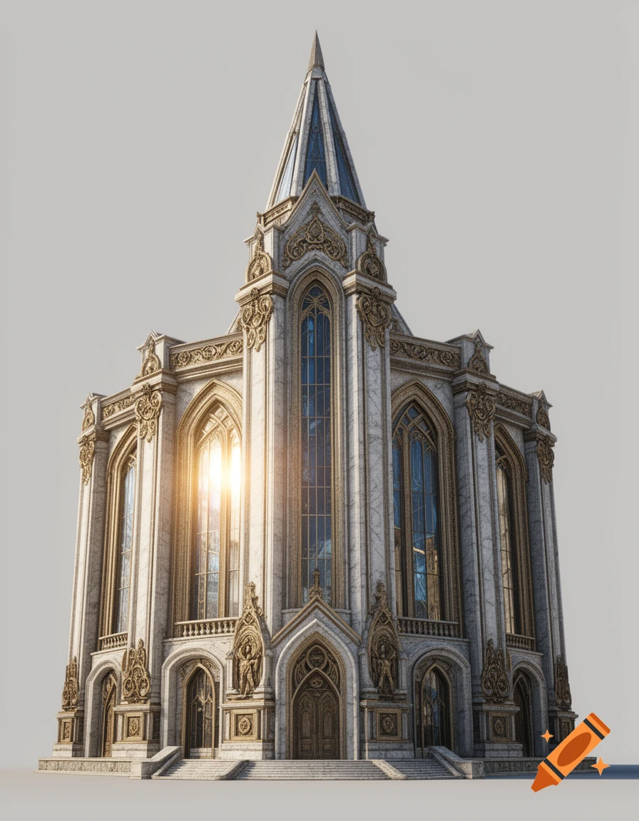 Ornate white and gold fantasy building with a tall spire and large windows, against a light grey background.