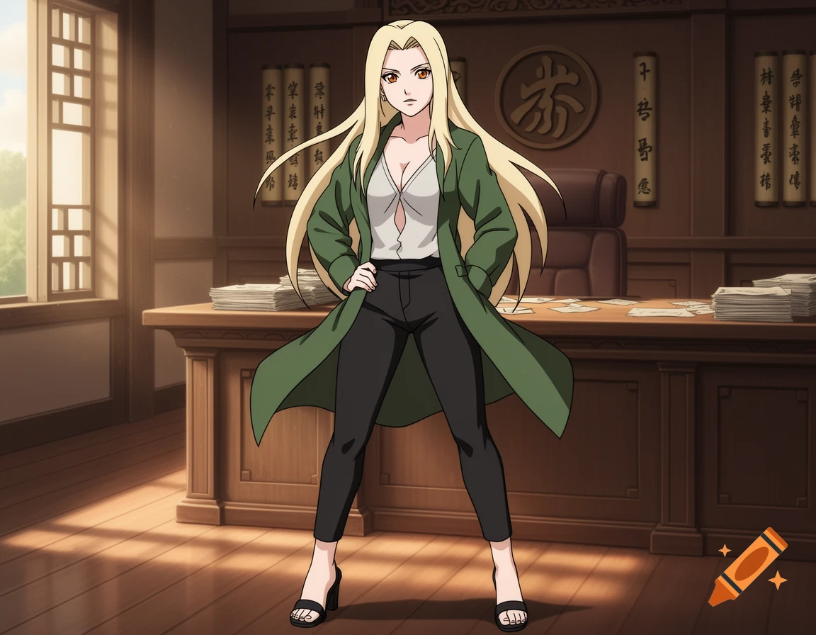 An anime image of a blonde woman, Tsunade, standing in an office with her hands on her hips, wearing a green trench coat, a white blouse, black pants, and sandals.