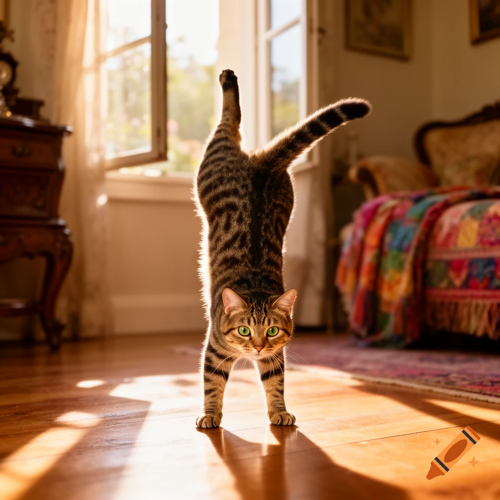 A tabby cat stretches in a sunlit room, standing on its front paws with its hind legs and tail raised on a wooden floor.