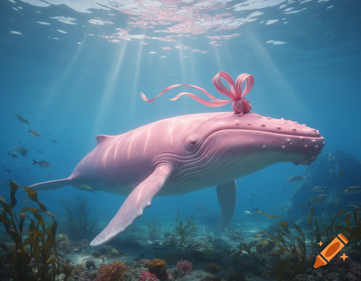 A pink whale with a large pink ribbon on its head swims gracefully through a vibrant coral reef, with sunlight streaming down from the water's surface.