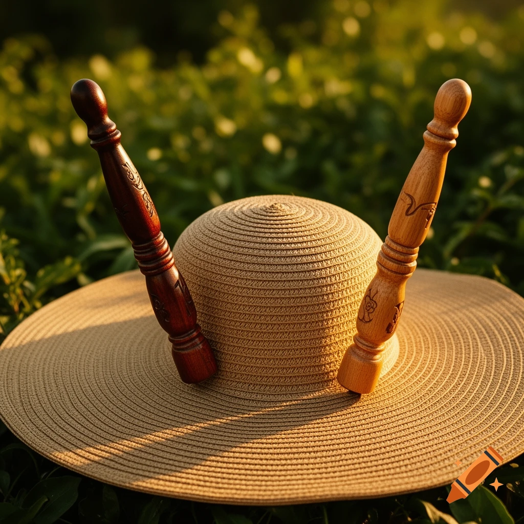 Two decorated wooden spindles, one dark and one light, stand upright in a straw hat on green grass under sunlight.