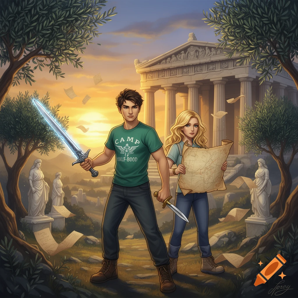 Percy Jackson with a glowing sword and Annabeth Chase with a map stand before a Greek temple at sunset, framed by olive trees.