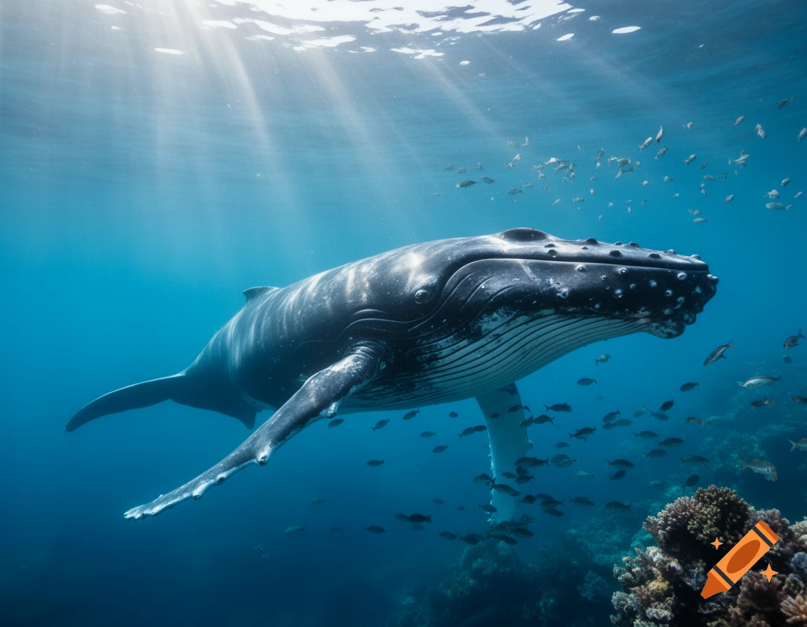 A majestic humpback whale swims gracefully in clear blue ocean water, with sun rays from above and small fish schooling around coral.
