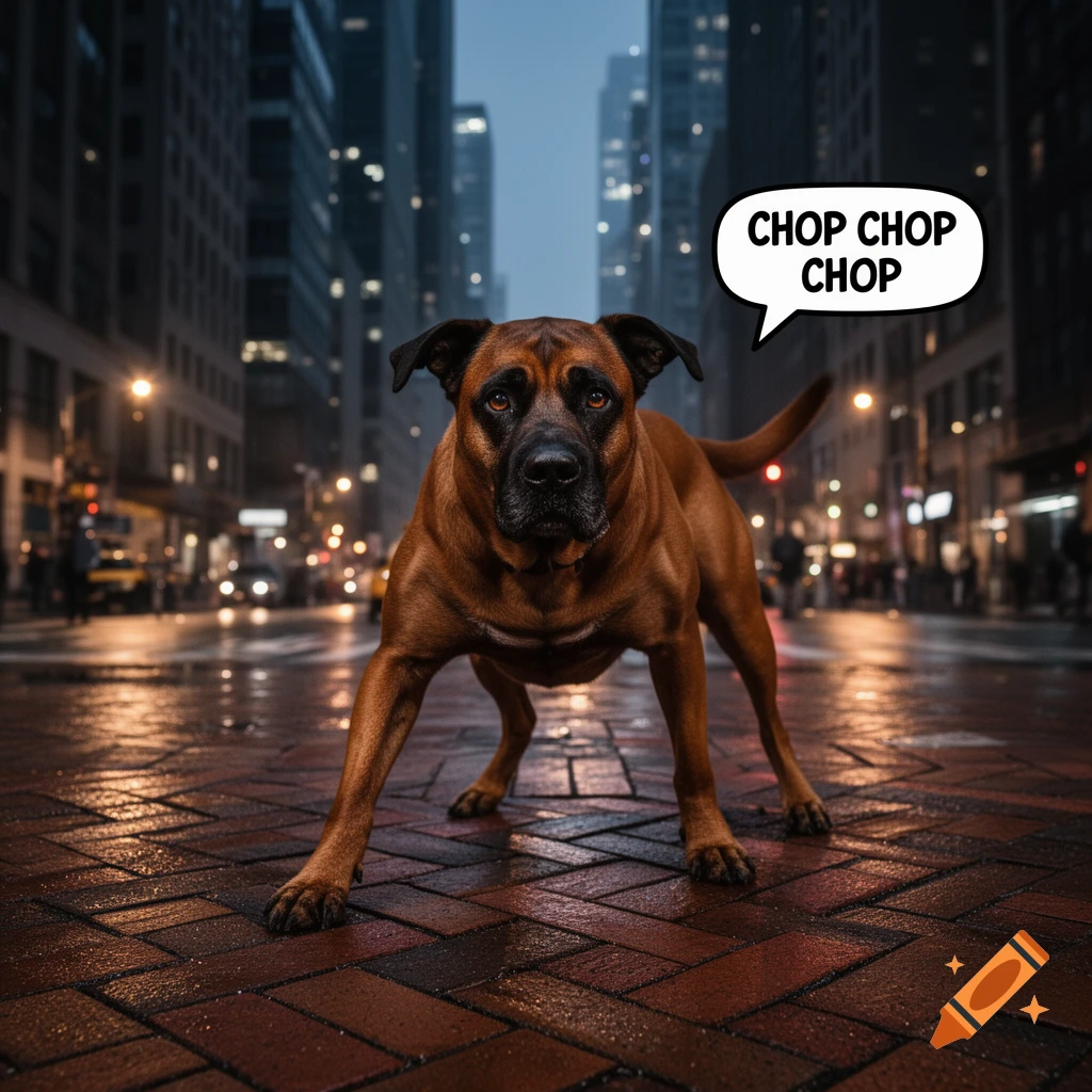 A large brown dog crouched low on a wet city street at dusk, with a speech bubble saying "CHOP CHOP CHOP". Photorealistic.