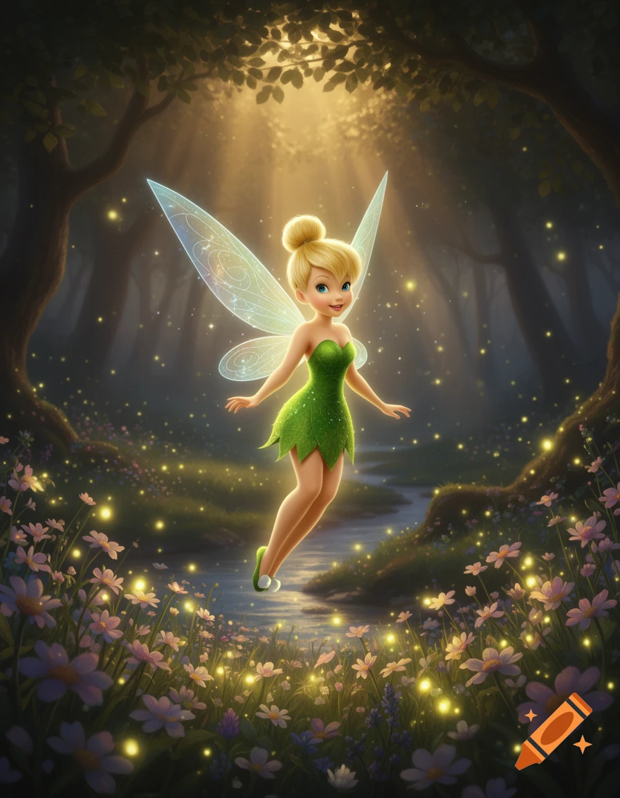 Tinkerbell, a blonde fairy in a green dress with translucent wings, flies in a magical forest with glowing flowers and fireflies, in an illustrative style.