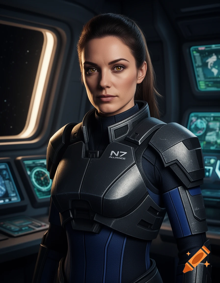A serious woman in N7 Alliance sci-fi armor stands in a spaceship cockpit.