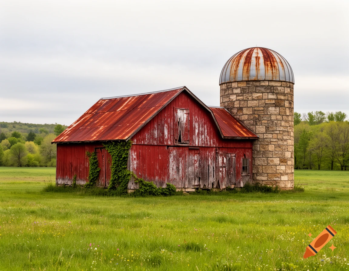 An old, weathered red barn with a stone silo, nestled in a vibrant green field under a soft, overcast sky. Lush trees line the distant horizon.