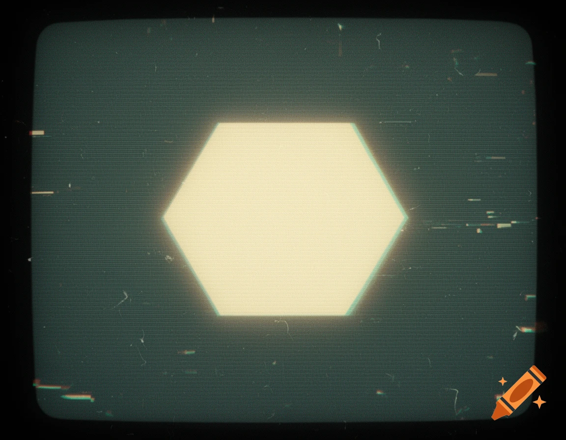 A glowing hexagon on a dark, grainy screen with scan lines and glitch effects, resembling a retro CRT monitor.