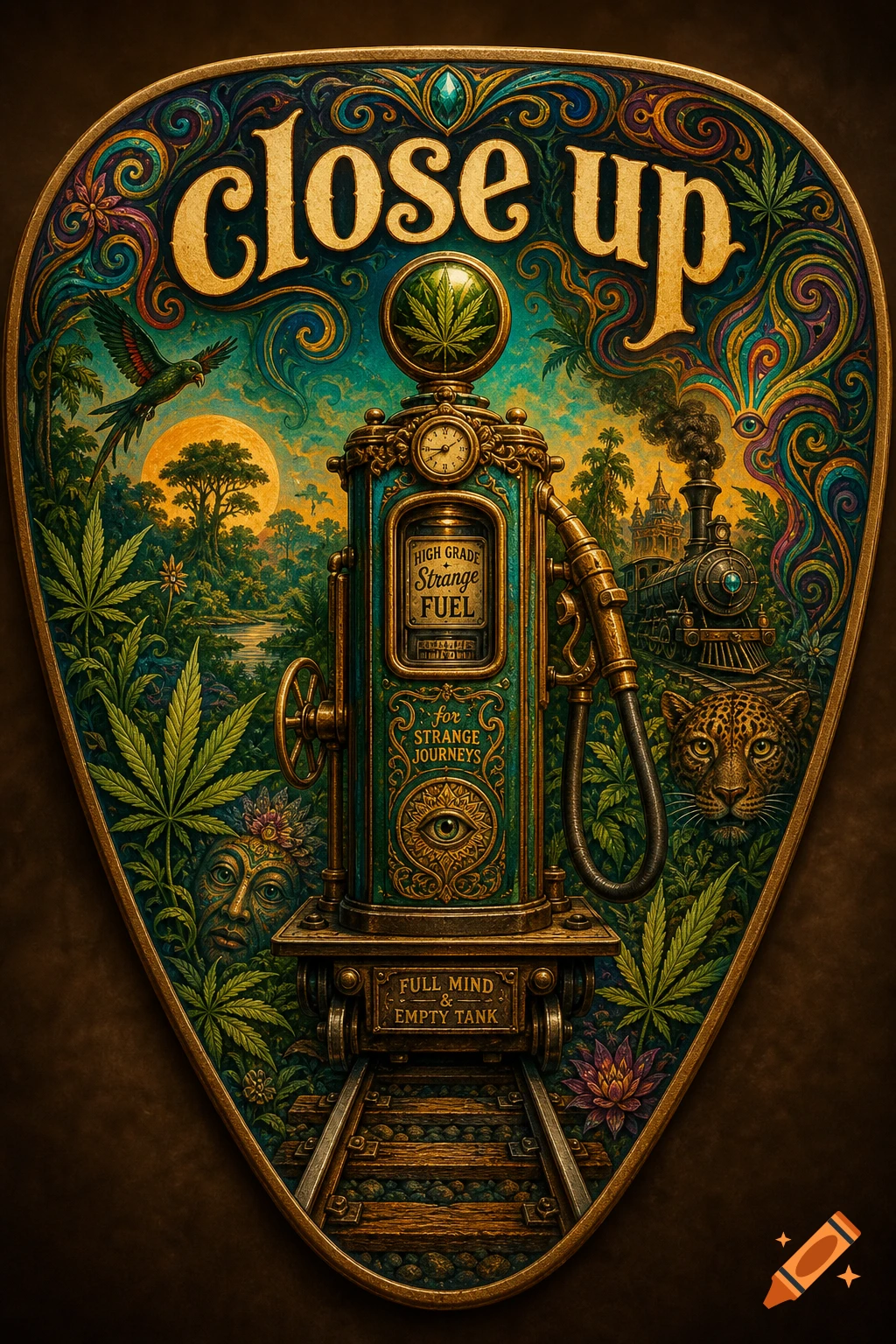 Psychedelic art nouveau guitar pick logo with an ornate gas pump on train tracks, surrounded by jungle, cannabis leaves, a train, and 'close up' text.