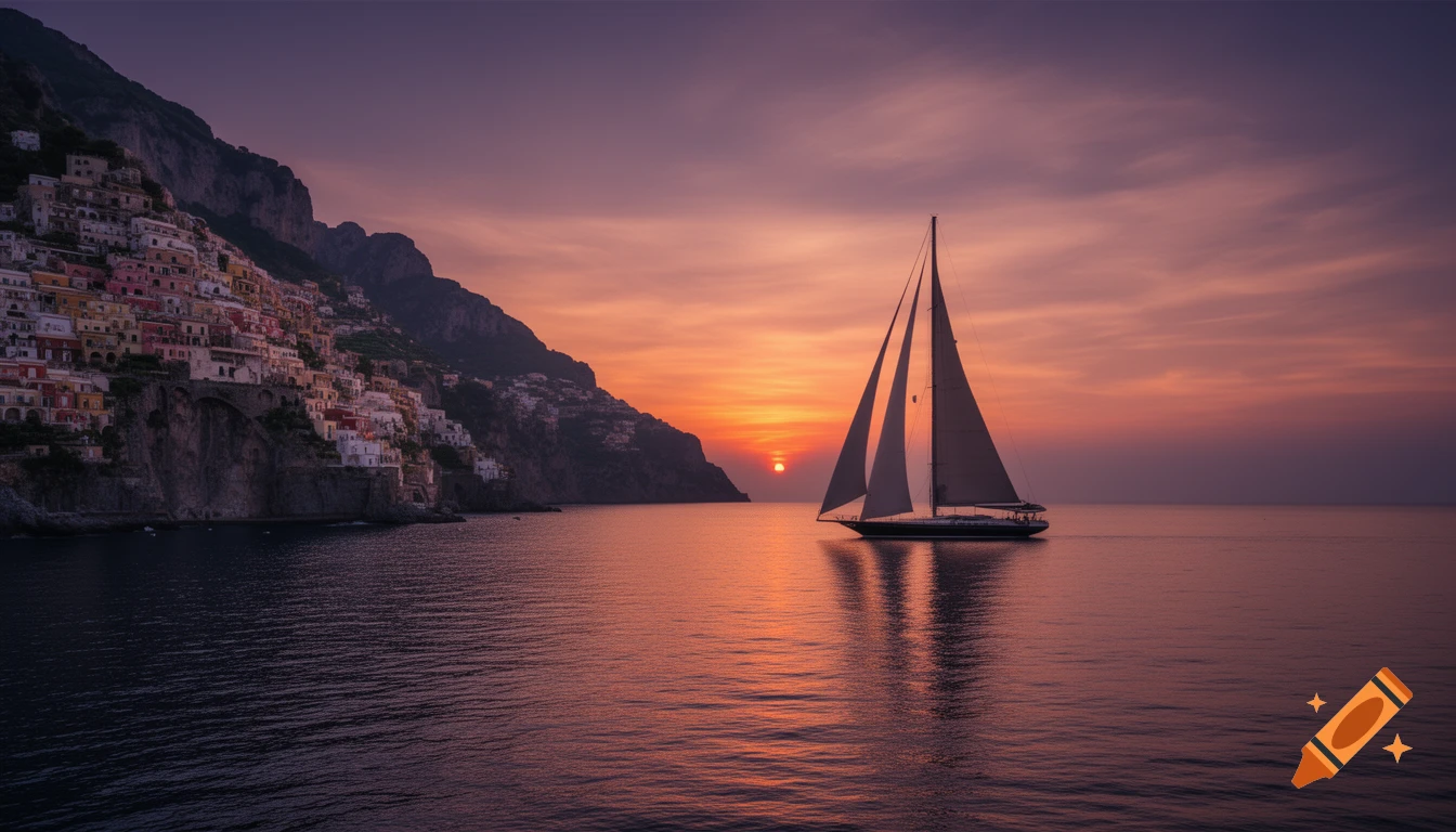 Sailboat silhouetted against a vibrant orange and purple sunset over a calm sea, with colorful Amalfi Coast buildings on a cliff.