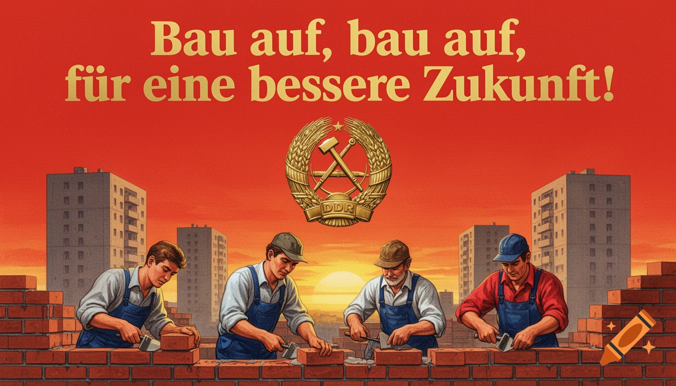 Socialist realism poster: Four men build a brick wall beneath a gold GDR emblem and text 'Bau auf, bau auf, für eine bessere Zukunft!' against a red sky.