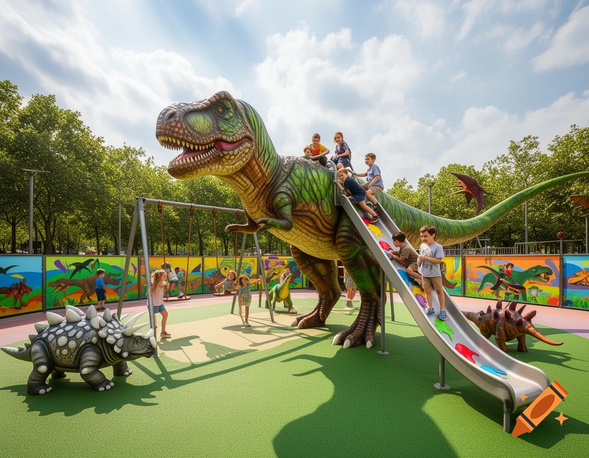 Children play on a dinosaur-themed playground with a large T-Rex slide and swings under a sunny sky.