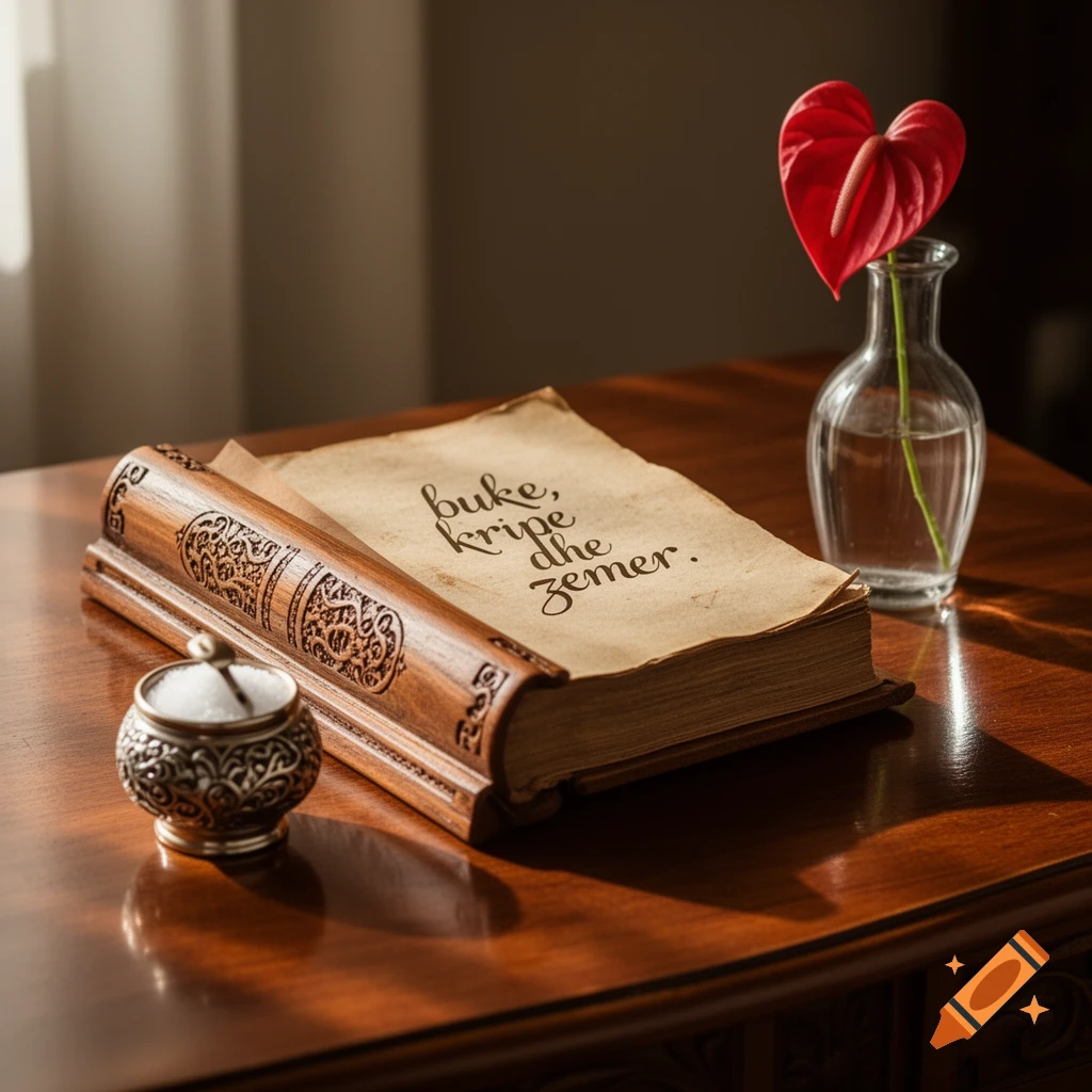 An open book with text on a sunlit wooden table, beside a silver salt cellar and a red heart-shaped flower in a glass vase.