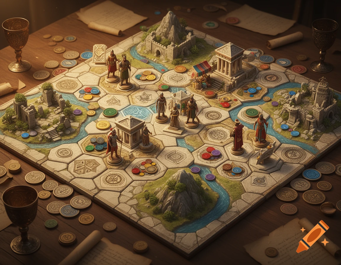 A detailed, top-down view of a fantasy strategy board game with hexagonal tiles, miniature figures, and terrain features like castles and rivers.