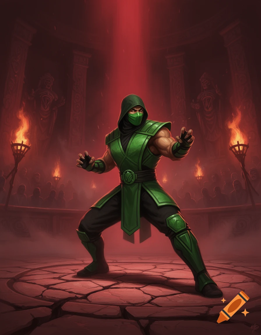 A green hooded ninja martial artist in a fighting stance in a dark, red-lit arena with torches, digital painting.