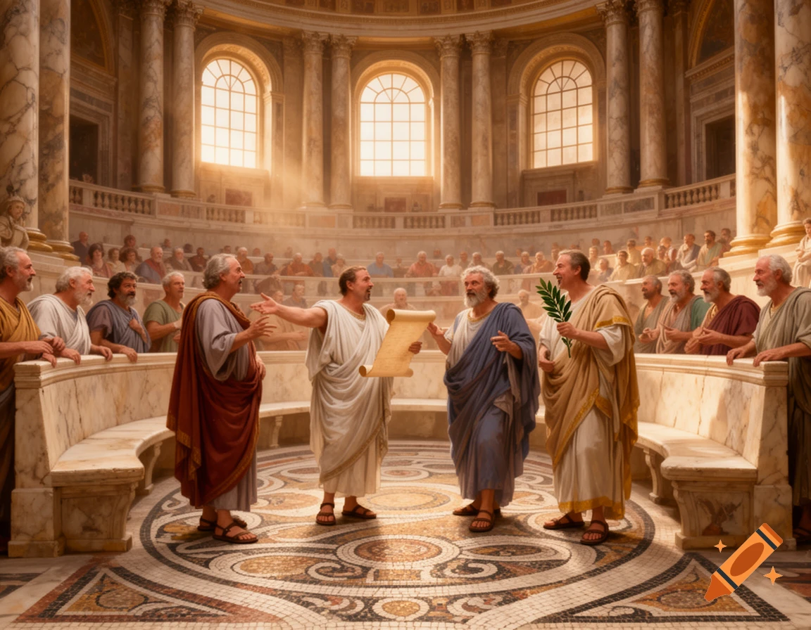 A gathering of men in togas in a grand, sunlit Roman Senate-like chamber with ornate marble and mosaic floors.