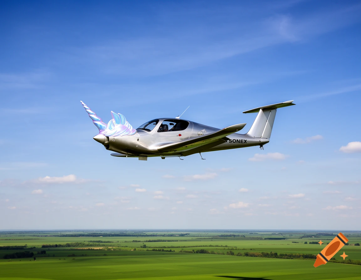 A silver Sonex airplane with a colorful unicorn horn and mane on its nose, flying over vibrant green fields under a blue sky.