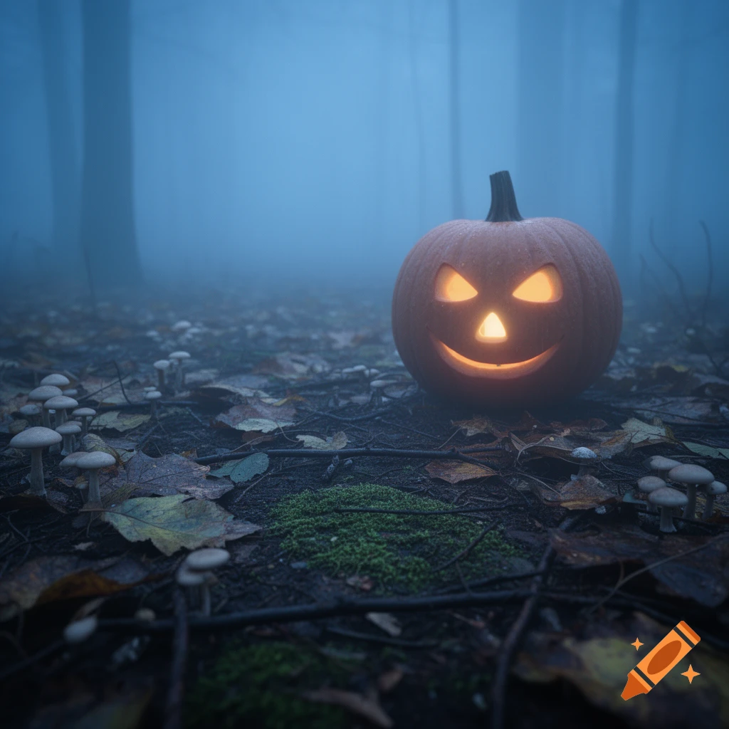 Photorealistic image of a glowing jack-o'-lantern on a damp, leaf-strewn forest floor with small mushrooms, in a foggy blue forest.