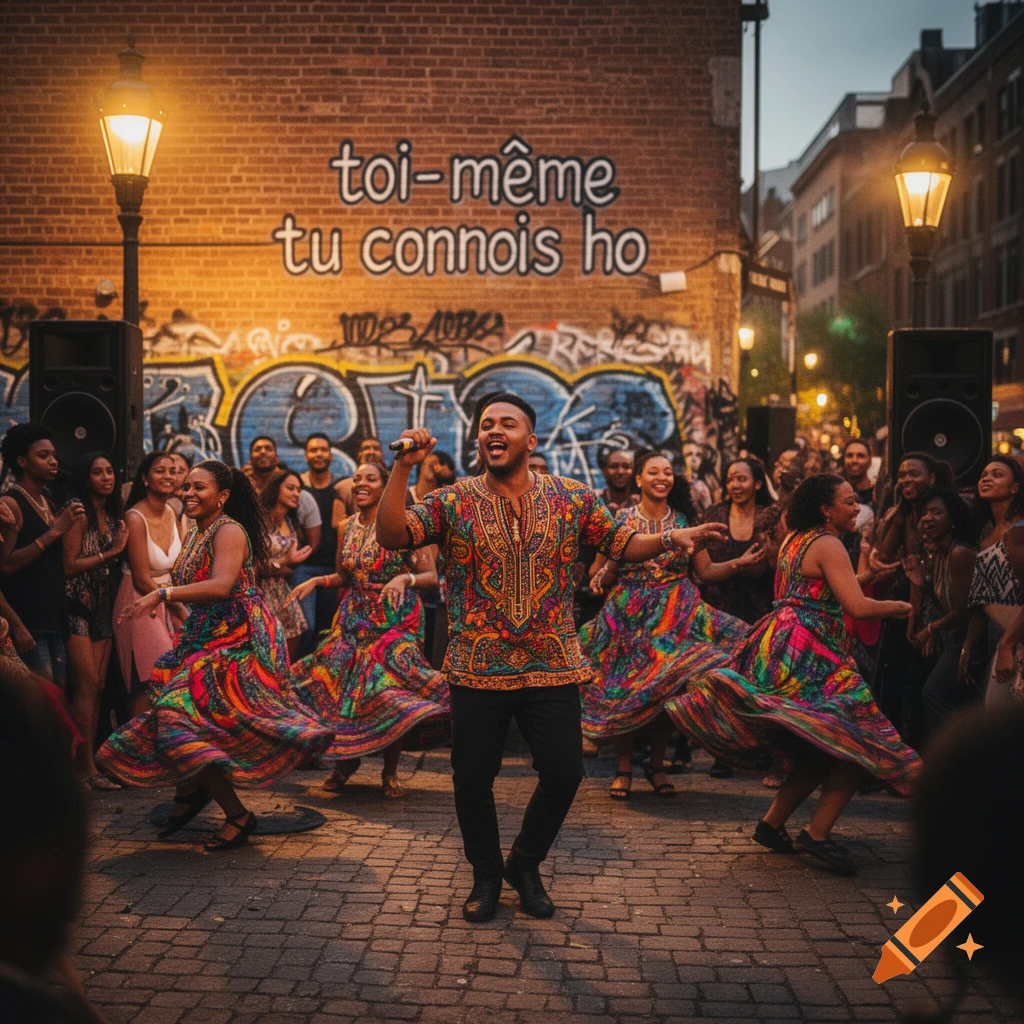 A man sings into a microphone, surrounded by dancers in vibrant patterned dresses, on a cobbled street at an outdoor evening event. French text is on a brick wall behind them.