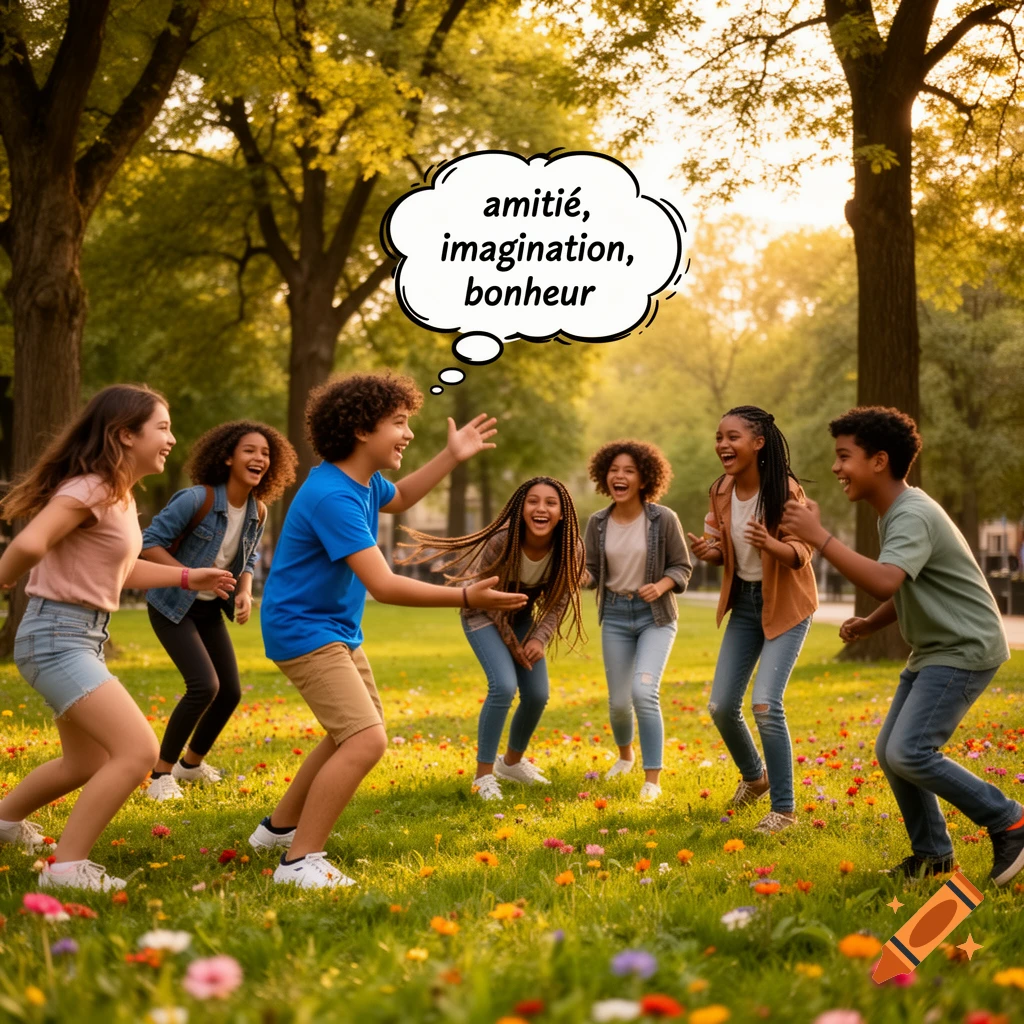Diverse adolescents laugh and play in a sunlit park with wildflowers. A thought bubble shows 'amiti d, imagination, bonheur'.