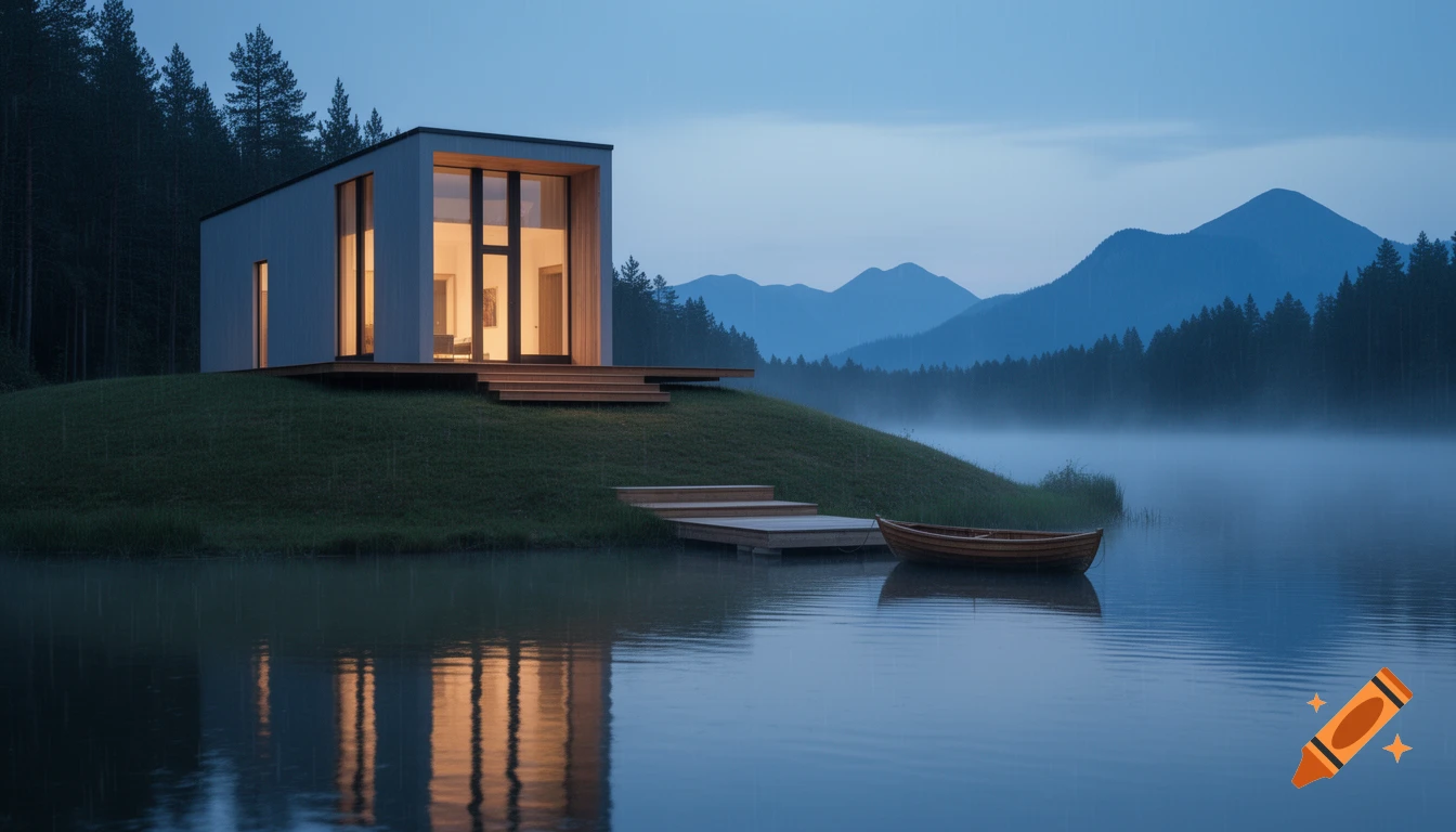 Modern minimalist lake house with glowing windows on a grassy hill by a misty lake with a rowboat, forest, and mountains at dusk.