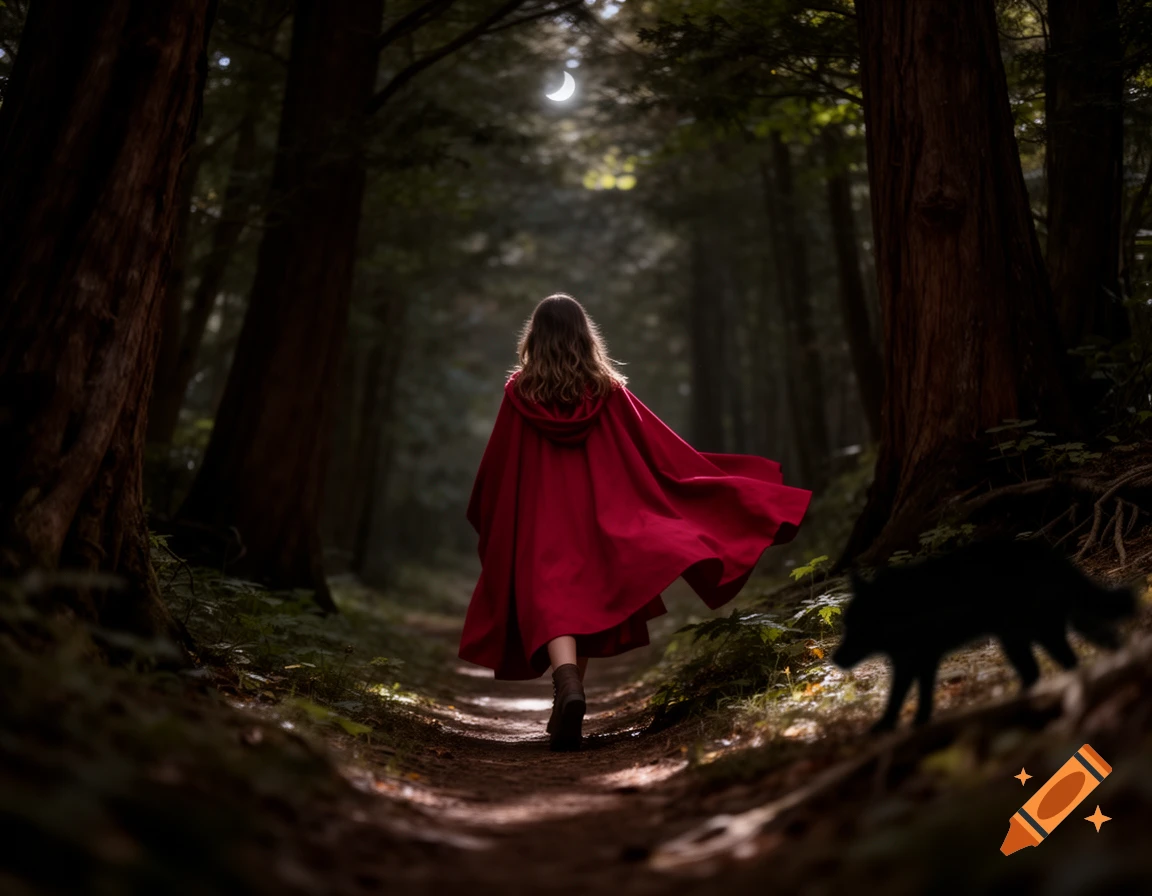A girl in a red cloak walks on a path through a dark forest under a crescent moon, a shadowy wolf figure nearby.