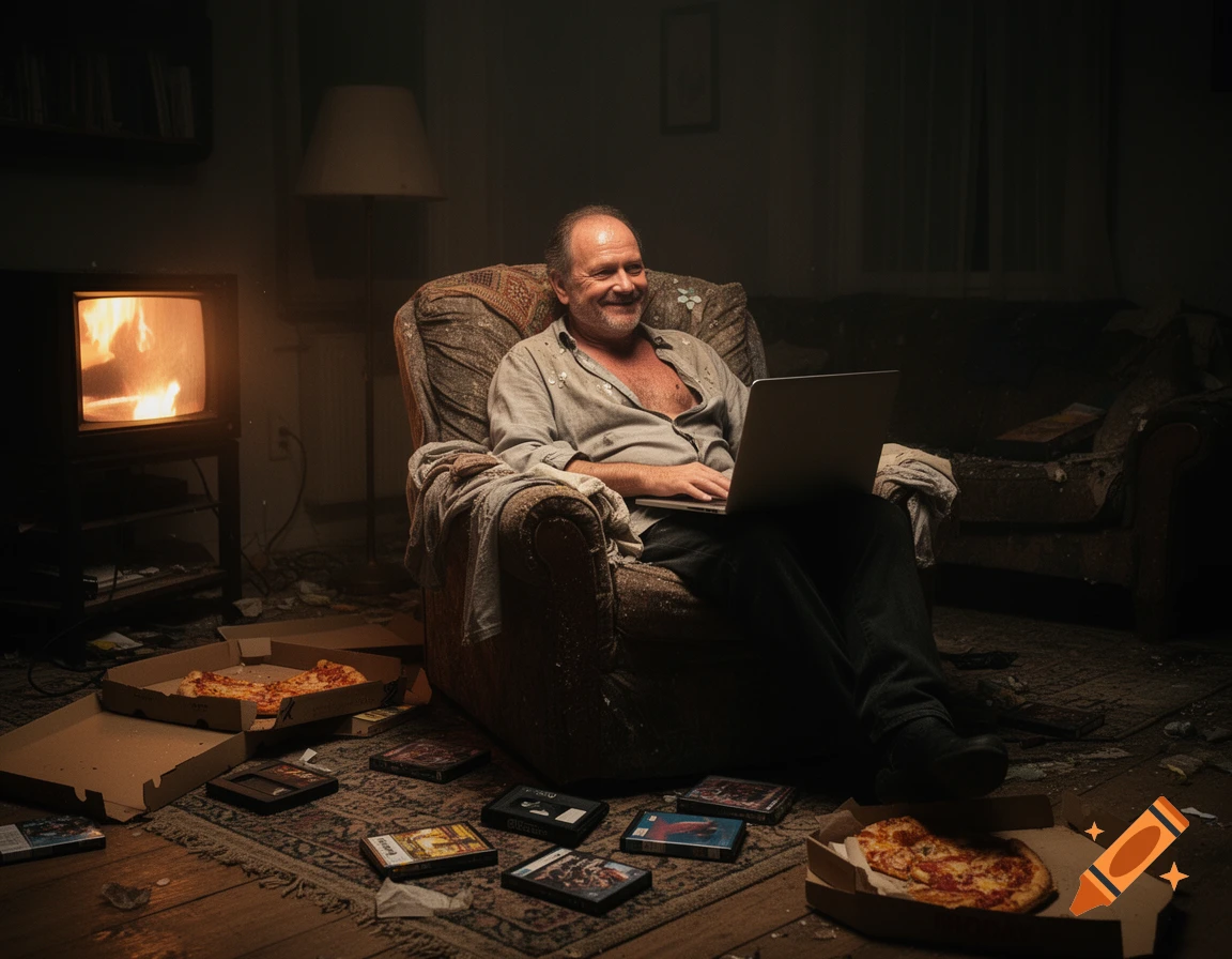 A content man in an unbuttoned shirt sits in a messy armchair with a laptop, facing a glowing TV in a dimly lit, untidy living room with pizza boxes and VHS tapes on the floor.