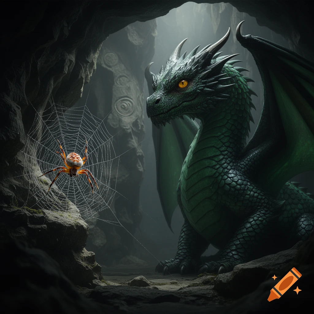 A large green dragon with yellow eyes sits in a dark cave, looking at a detailed orb-weaver spider in a dew-covered web.
