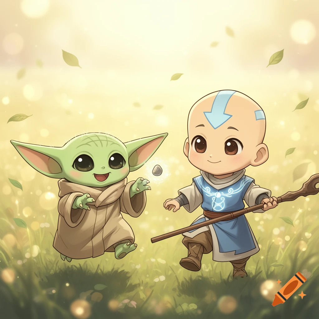 Chibi Baby Yoda and Avatar Aang play cheerfully in a sunny, grassy field with falling leaves.