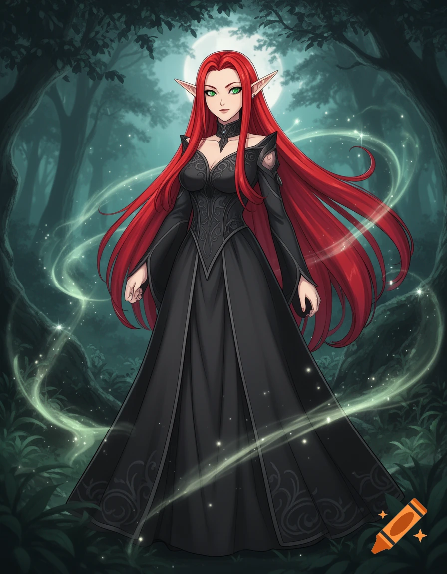 A female elf with long red hair and green eyes, wearing a black dress, standing in a magical forest under a full moon.
