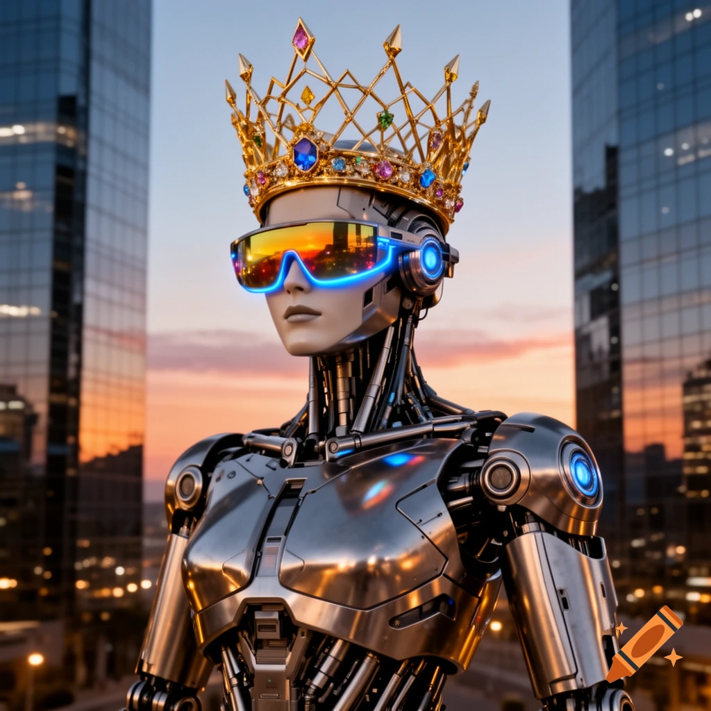 A photorealistic, futuristic robot wearing a jeweled crown and glowing blue visor glasses against a cityscape at sunset.