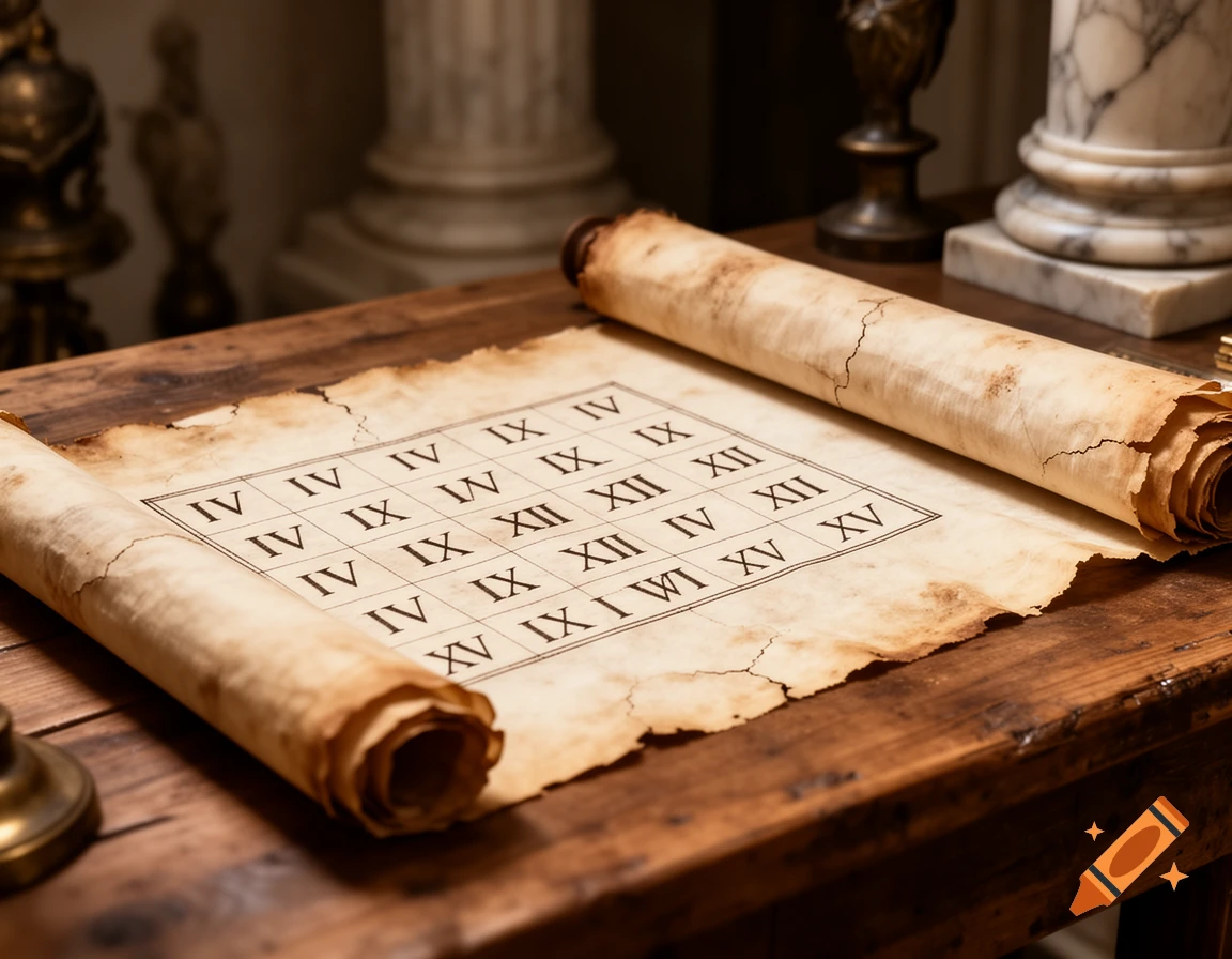 A photorealistic image of an ancient Roman scroll unrolled on a wooden table, displaying a grid of Roman numerals.