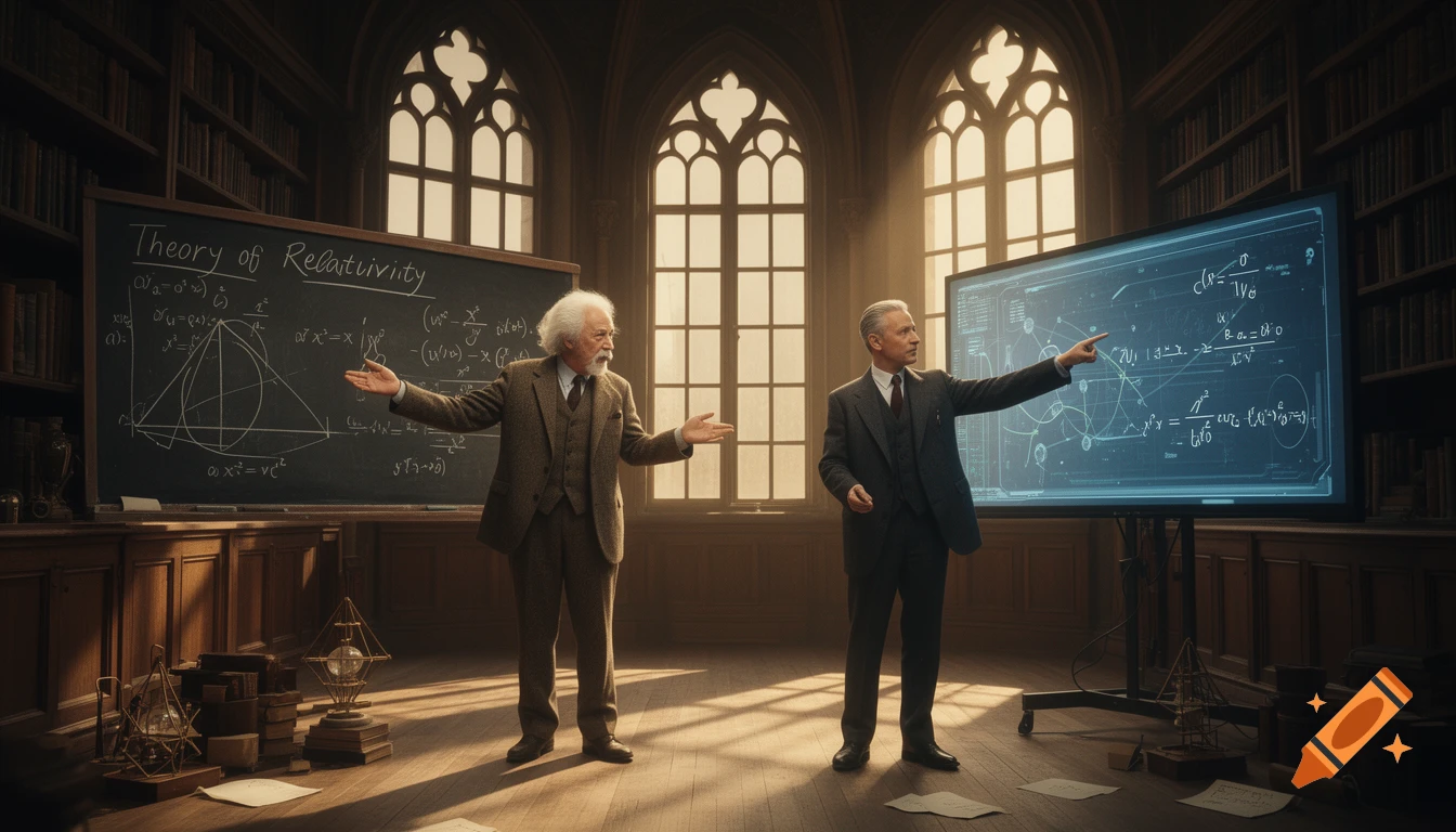 Two historical figures, resembling Albert Einstein and Werner Heisenberg, debate physics theories on a blackboard and a large screen in a dimly lit, ornate study. Sunlight streams through tall windows.