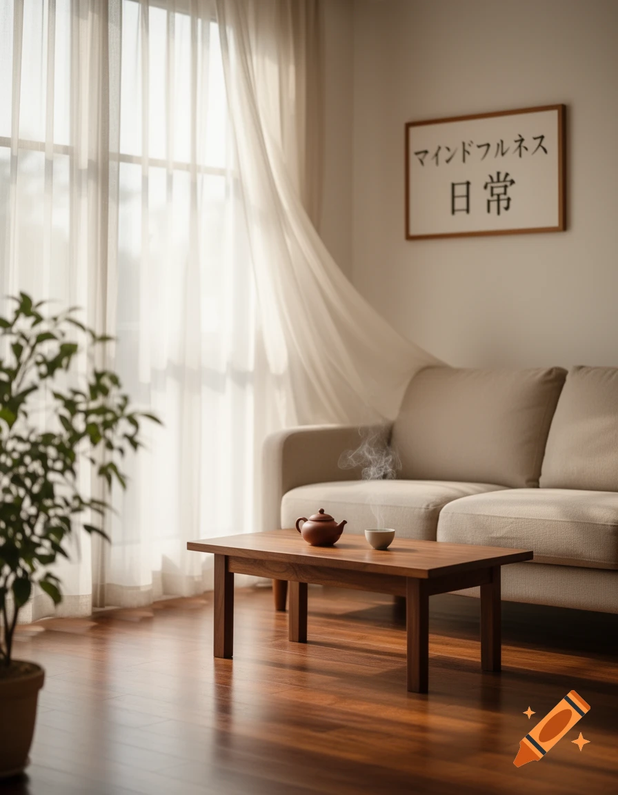 A serene, sunlit room with sheer curtains blowing, a wooden coffee table with a steaming teapot, a beige couch, and a Japanese sign on the wall.
