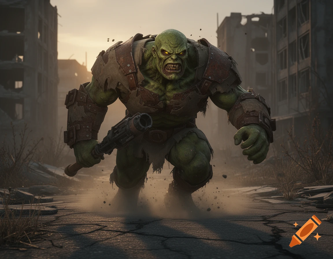 A green, muscular Super Mutant in torn armor runs forward with a gun through a post-apocalyptic city at dusk, kicking up dust.