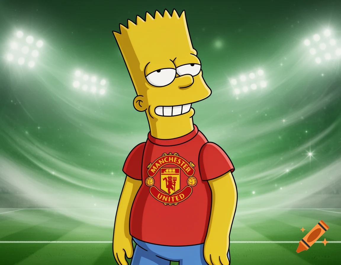 Bart Simpson wearing a Manchester United football jersey stands on a green football field at night with stadium lights.