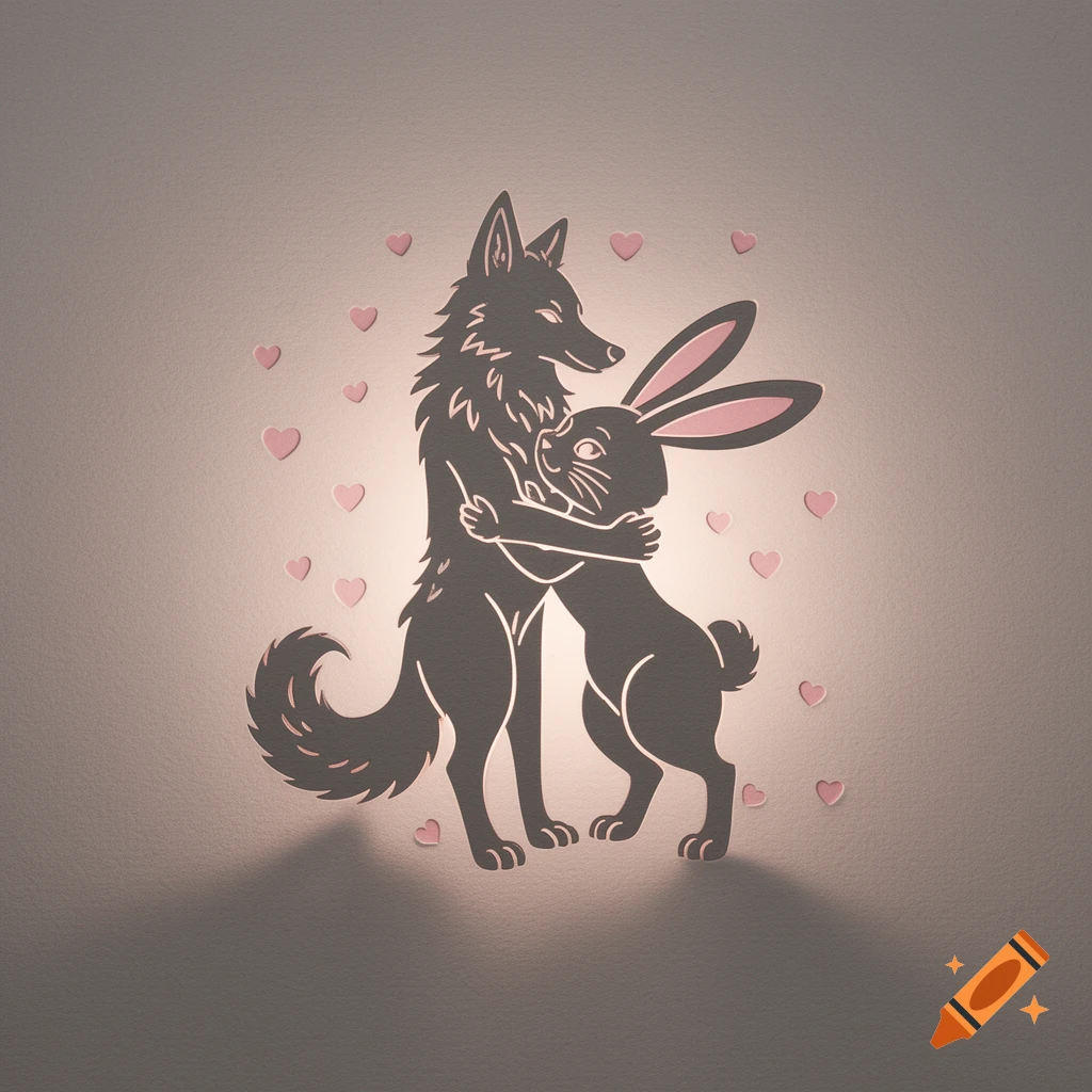 A stencil cutout illustration of a wolf and a bunny hugging, surrounded by pink hearts, against a soft glowing background.