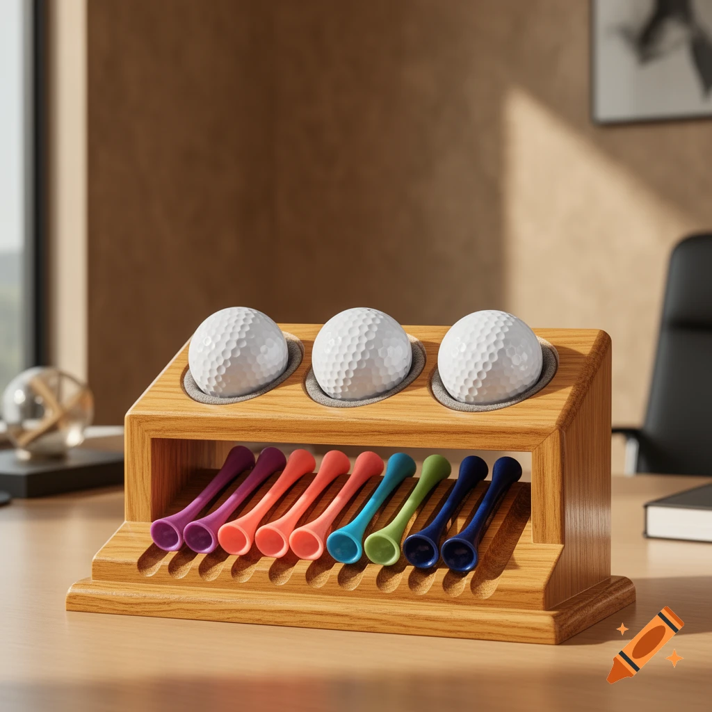 Three white golf balls displayed in a wooden stand with colorful tees on a desk, photorealistic.