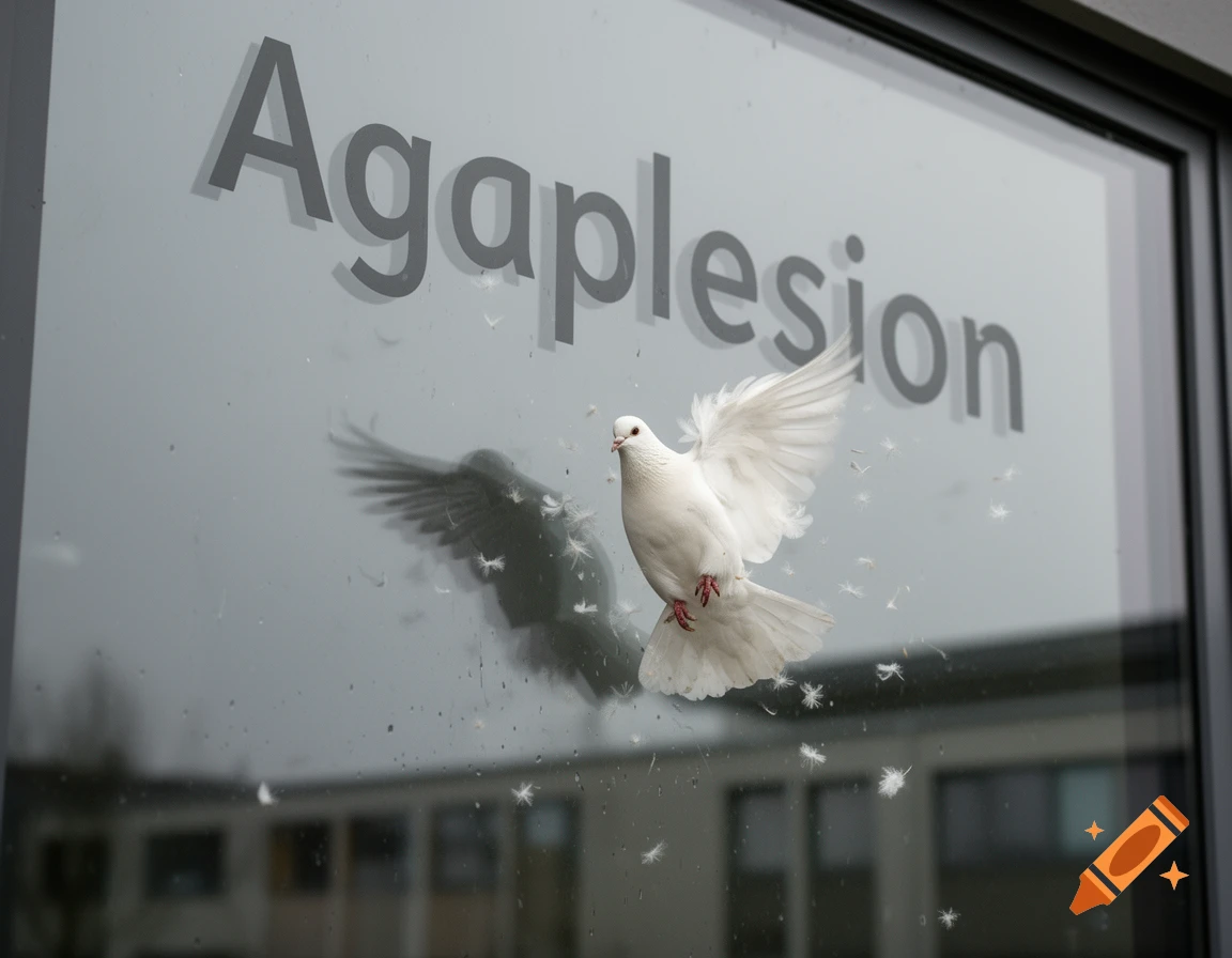 A photorealistic white dove with outstretched wings flies towards a window with 'Agaplesion' written on it, shedding feathers.